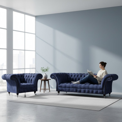 Blaue Chesterfield Stoffgarnitur Wohnzimmer Polster Sitzmöbel 2tlg Set