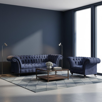 Blaue Chesterfield Stoffgarnitur Wohnzimmer Polster Sitzmöbel 2tlg Set