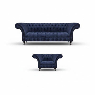 Blaue Chesterfield Stoffgarnitur Wohnzimmer Polster Sitzmöbel 2tlg Set