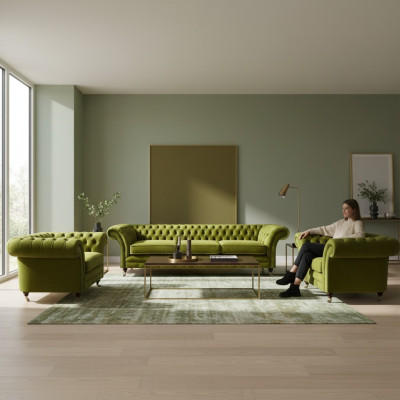 Olivengrüne Wohnzimmer Garnitur Chesterfield Polstercouch 2x Sessel 3tlg