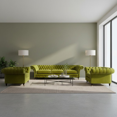 Olivengrüne Wohnzimmer Garnitur Chesterfield Polstercouch 2x Sessel 3tlg