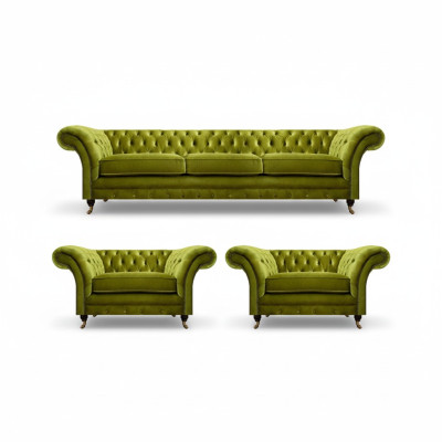 Olivengrüne Wohnzimmer Garnitur Chesterfield Polstercouch 2x Sessel 3tlg