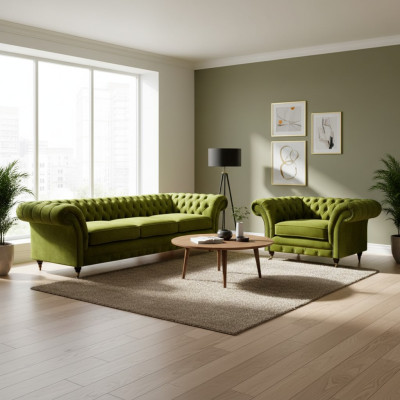 Olivengrünes Chesterfield Stoffsofa Luxuriöser Wohnzimmer Textil Sessel