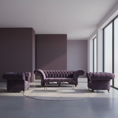 Lila Chesterfield Polstergarnitur Wohnzimmer 3-Sitzer Designer 2x Sessel