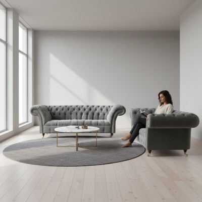 Wohnzimmer Graue Chesterfield Sofas Komplettes Set 3-Sitzer Zweisitzer