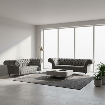Wohnzimmer Graue Chesterfield Sofas Komplettes Set 3-Sitzer Zweisitzer