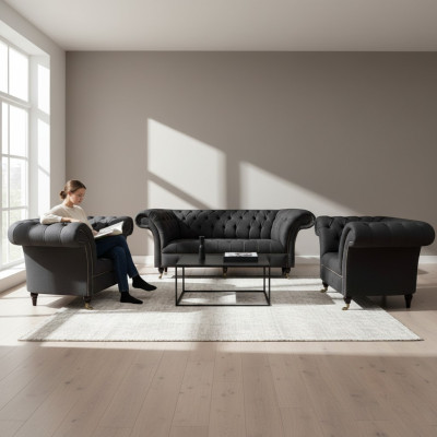 Moderne Chesterfield Schwarze Garnitur Designer 2x Textilsessel 3-Sitzer