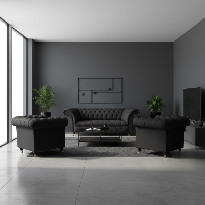 Moderne Chesterfield Schwarze Garnitur Designer 2x Textilsessel 3-Sitzer