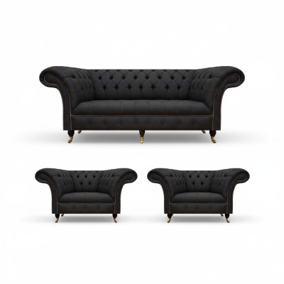 Moderne Chesterfield Schwarze Garnitur Designer 2x Textilsessel 3-Sitzer