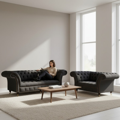 Komplett Schwarze Chesterfield Garnitur Designer Dreisitzer Moderner 2-er