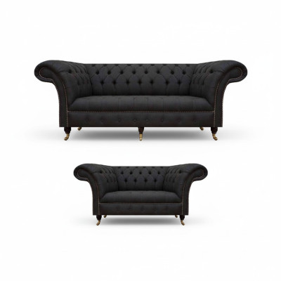 Komplett Schwarze Chesterfield Garnitur Designer Dreisitzer Moderner 2-er