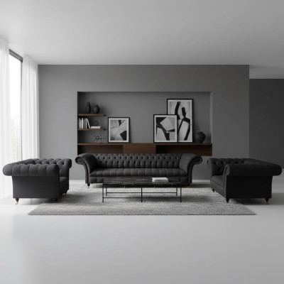 Komplette Schwarze Chesterfield Sitzgarnitur Designer Zweisitzer Sessel