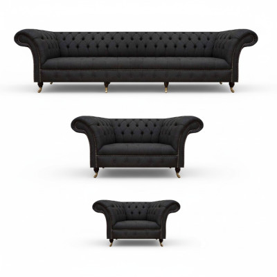 Komplette Schwarze Chesterfield Sitzgarnitur Designer Zweisitzer Sessel