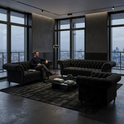 Schwarze Textilsofas Designer Wohnzimmer Luxus Sitzgarnitur Möbel 3tlg