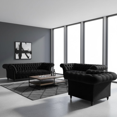 Schwarze Textilsofas Designer Wohnzimmer Luxus Sitzgarnitur Möbel 3tlg