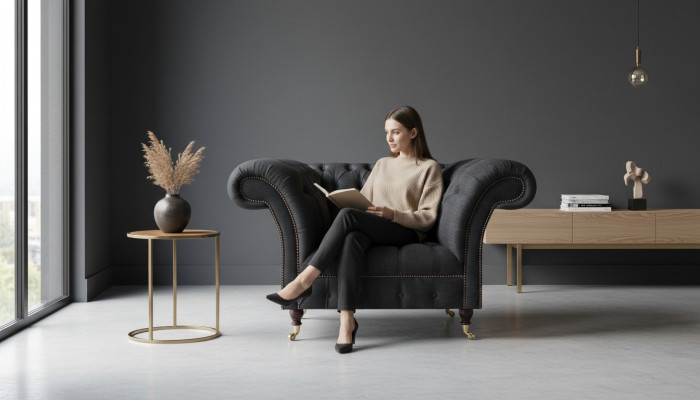 Wohnzimmer Chesterfield Schwarzer Einsitzer Textilsessel Edler Sessel