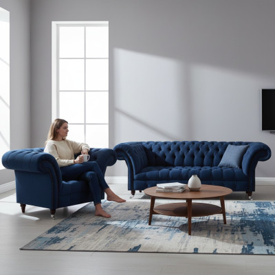 Dunkelblaue Wohnzimmer 3-Sitzer Couch Designer Lehnsessel Edler 2tlg Set