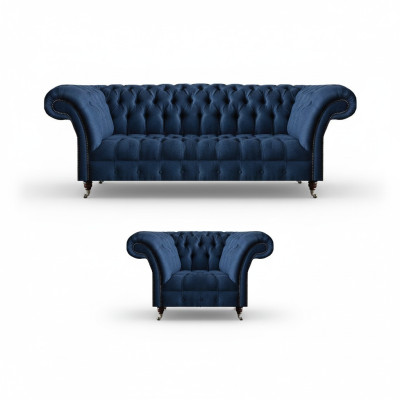 Dunkelblaue Wohnzimmer 3-Sitzer Couch Designer Lehnsessel Edler 2tlg Set