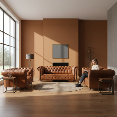 Braune Chesterfield Ledersofas Designer Wohnzimmer Couchen Möbel 3tlg