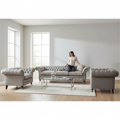 Moderne Chesterfield Sitzgarnitur Textilsofas Sessel Polster Möbel 3tlg