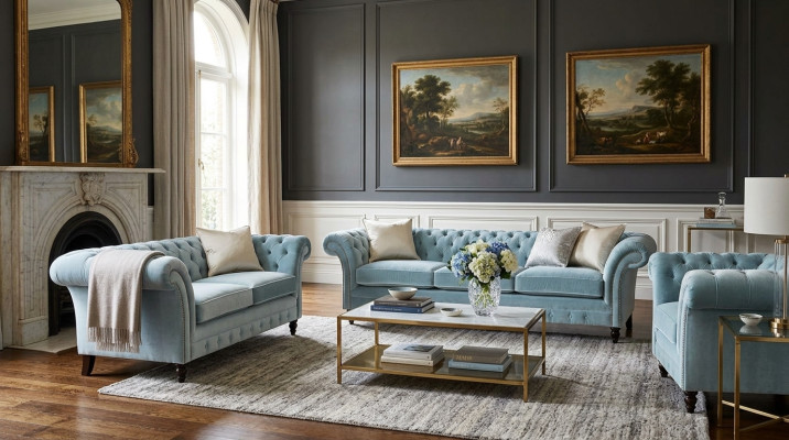 Luxuriöse Blaue Chesterfield Polster Garnitur Dreisitzer Lehnsessel 3tlg