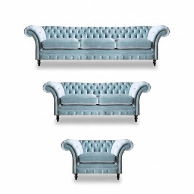 Luxuriöse Blaue Chesterfield Polster Garnitur Dreisitzer Lehnsessel 3tlg