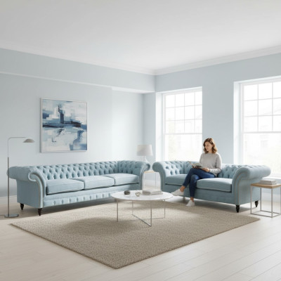 Stilvolle Hellblaue Chesterfield Designer Garnitur Dreisitzer 2-Sitzer