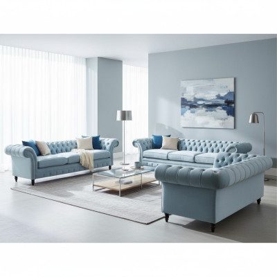 Stilvolle Hellblaue Chesterfield Designer Garnitur Dreisitzer 2-Sitzer
