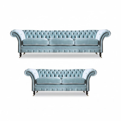 Stilvolle Hellblaue Chesterfield Designer Garnitur Dreisitzer 2-Sitzer