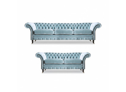 Stilvolle Hellblaue Chesterfield Designer Garnitur Dreisitzer 2-Sitzer