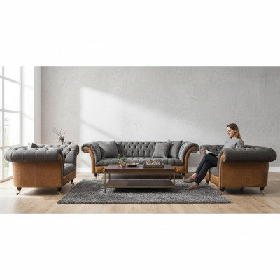 Grau-Braune Chesterfield Sitzgarnitur Polstersofas Textil Couchen 3tlg