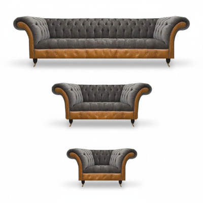 Grau-Braune Chesterfield Sitzgarnitur Polstersofas Textil Couchen 3tlg