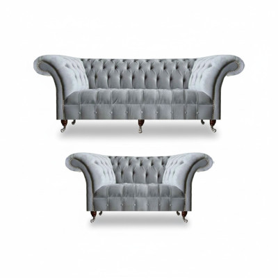 Chesterfield Hellgraue Polster Garnitur Designer 2x Textilsofas 2tlg