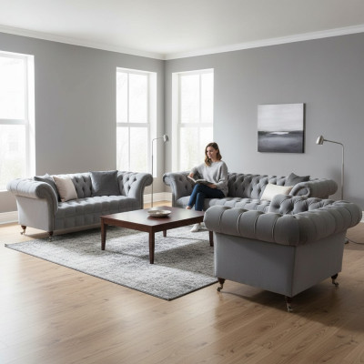 Hellgraue Wohnzimmer Chesterfield Sofas Sessel 2-Sitzer Viersitzer 3tlg