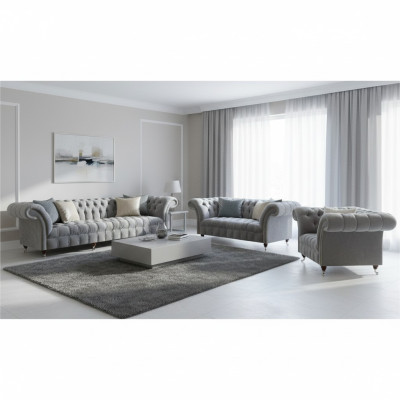 Hellgraue Wohnzimmer Chesterfield Sofas Sessel 2-Sitzer Viersitzer 3tlg