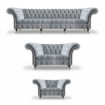Hellgraue Wohnzimmer Chesterfield Sofas Sessel 2-Sitzer Viersitzer 3tlg