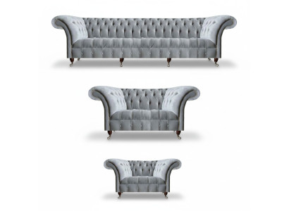 Hellgraue Wohnzimmer Chesterfield Sofas Sessel 2-Sitzer Viersitzer 3tlg
