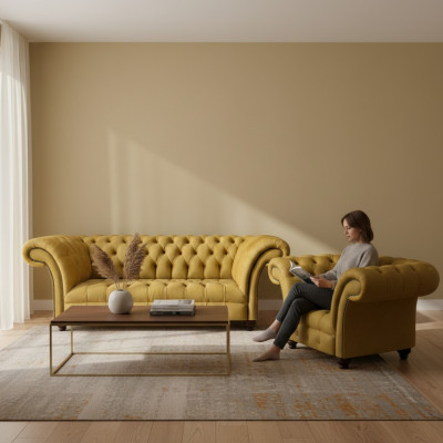 Luxuriöse Chesterfield Gelbe Couch Textil Sessel Moderner 3-Sitzer 2tlg