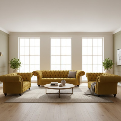 Luxuriöse Gelbe Chesterfield Textil Couchen Dreisitzer 2-Sitzer Sessel