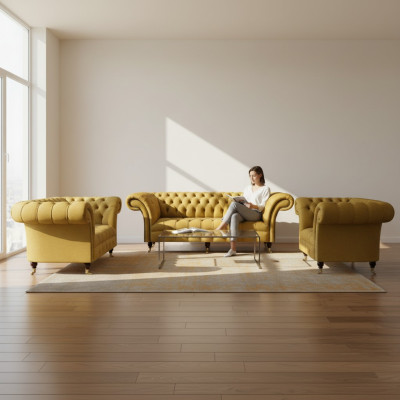 Edle Gelbe Chesterfield  Garnitur Polstermöbel Textil Couchen 3tlg Set