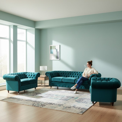 Grüne Wohnzimmer Chesterfield Garnitur Designer Polstermöbel Luxus Set