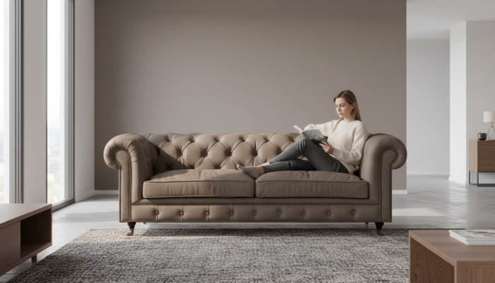 Polstermöbel Chesterfield Zweisitzer Sofa Couch Textil Grau Wohnzimmer