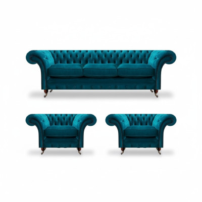 Chesterfield Blaue Couchen Polstersofas Wohnzimmer Textil Sitzmöbel 3tlg