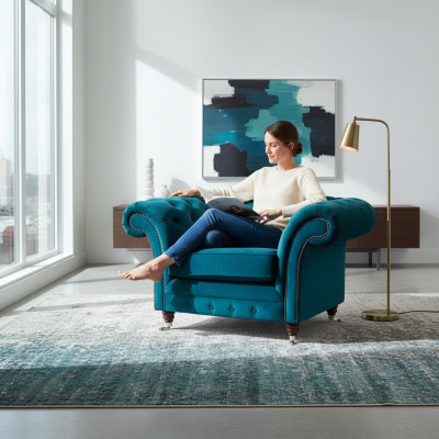 Sessel Blau Luxus Stil Chesterfield Wohnzimmer Polster Stoff Modern Textil