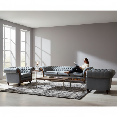 Stilvolle Chesterfield Hellgraue Couchgarnitur Wohnzimmer Sofas 3tlg