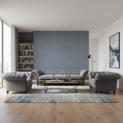 Stilvolle Chesterfield Hellgraue Couchgarnitur Wohnzimmer Sofas 3tlg