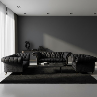 Schwarze Textil Chesterfield Garnitur Edler Dreisitzer Lehnsessel 3tlg