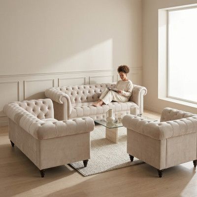 Moderne Chesterfield Weiße Sofagarnitur Edle Polstersofas Sessel 3tlg