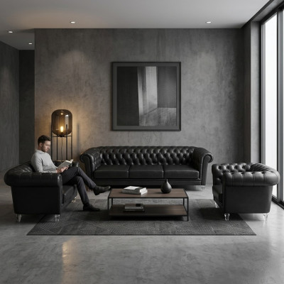 Schwarze Chesterfield Ledergarnitur Designer Sofas Wohnzimmer Sessel