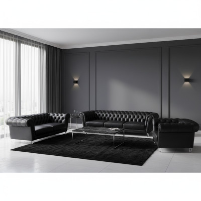 Schwarze Chesterfield Ledergarnitur Designer 4-Sitzer Zweisitzer Sessel
